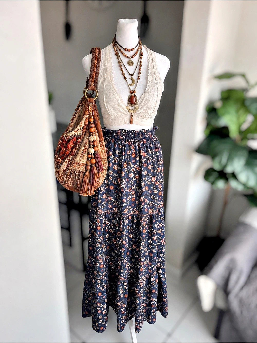 Floral Tiered Skirt Smocked Waist Boho Cottagecore